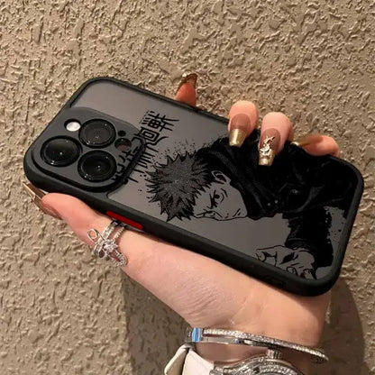 Black frosted translucent jujutsu kaisen phone case featuring gojo satoru anime graphic and chinese text on back side