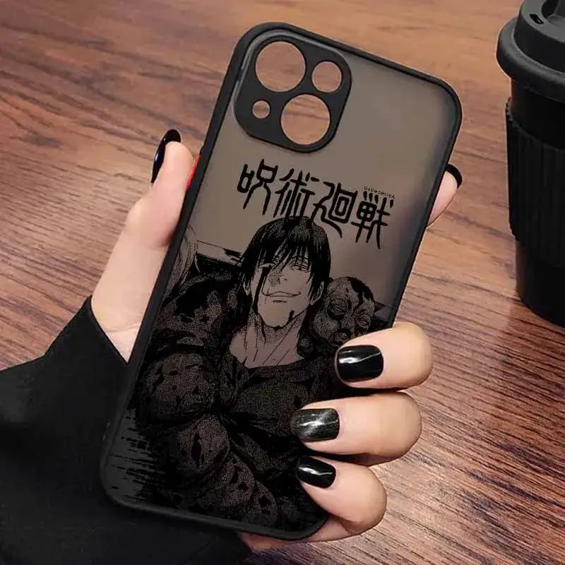 Black frosted translucent phone case featuring megumi fushiguro from jujutsu kaisen with japanese text on the back