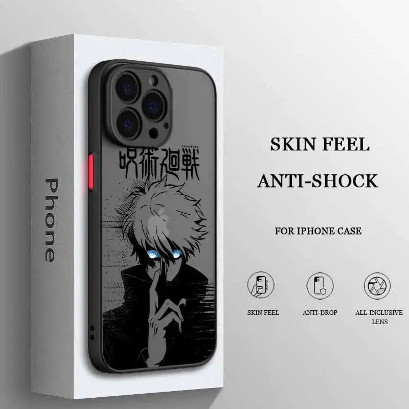 Black frosted translucent jujutsu kaisen phone case featuring stylized anime character with glowing blue eyes and japanese text on back