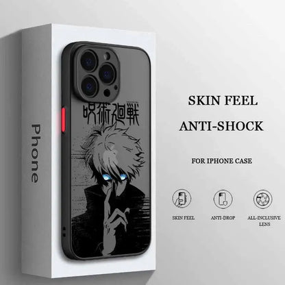 Black frosted translucent jujutsu kaisen phone case featuring stylized anime character with glowing blue eyes and japanese text on back