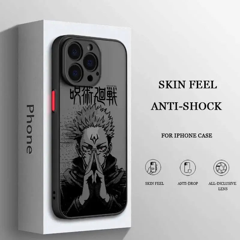 Black frosted translucent jujutsu kaisen phone case featuring detailed black and white megumi fushiguro illustration with japanese text on back