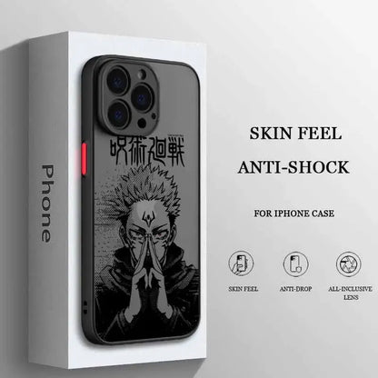 Black frosted translucent jujutsu kaisen phone case featuring detailed black and white megumi fushiguro illustration with japanese text on back