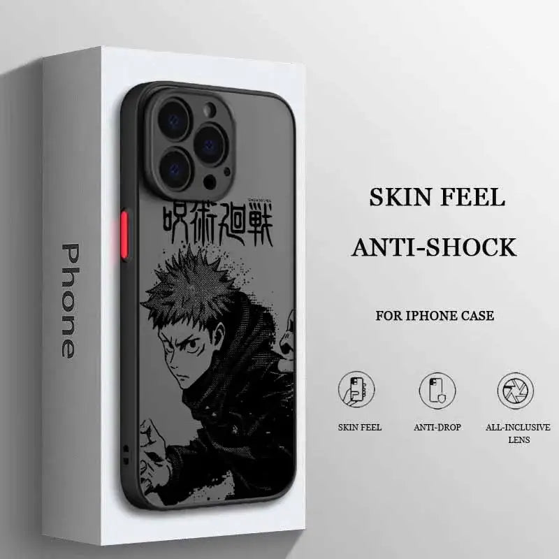 Black jujutsu kaisen frosted translucent phone case featuring a detailed illustration of gojo satoru on the back