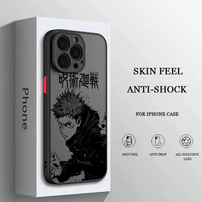 Black jujutsu kaisen frosted translucent phone case featuring a detailed illustration of gojo satoru on the back