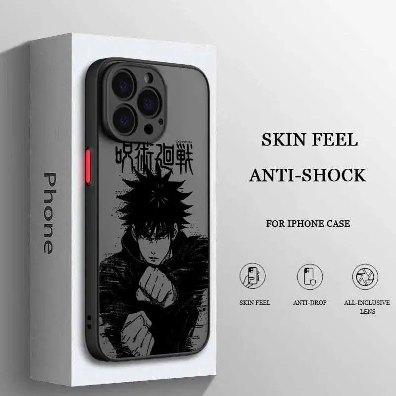 Black and gray frosted translucent jujutsu kaisen phone case featuring detailed illustration of gojo satoru on back