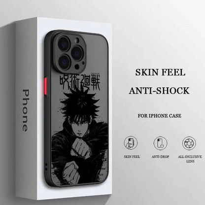 Black and gray frosted translucent jujutsu kaisen phone case featuring detailed illustration of gojo satoru on back