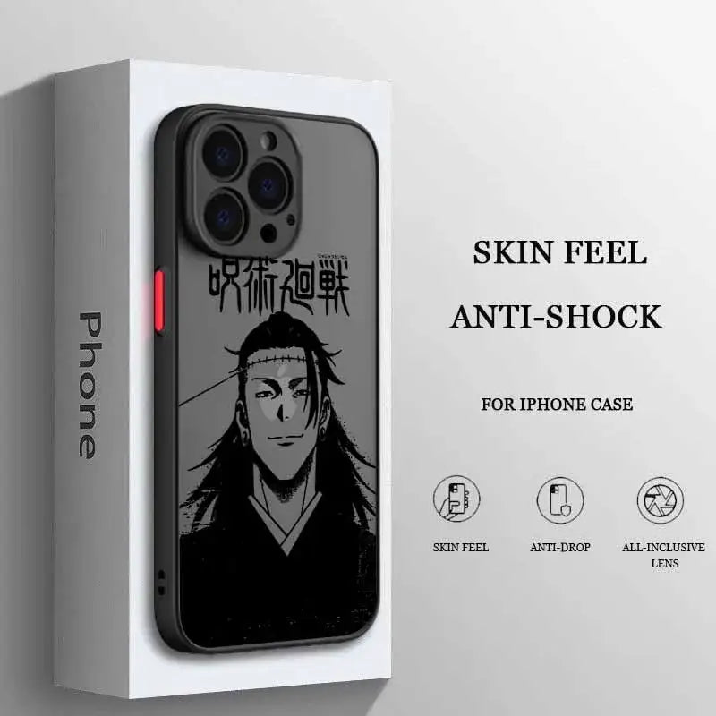 Black frosted translucent jujutsu kaisen gojo satoru phone case with anime character and japanese text for iphone back side