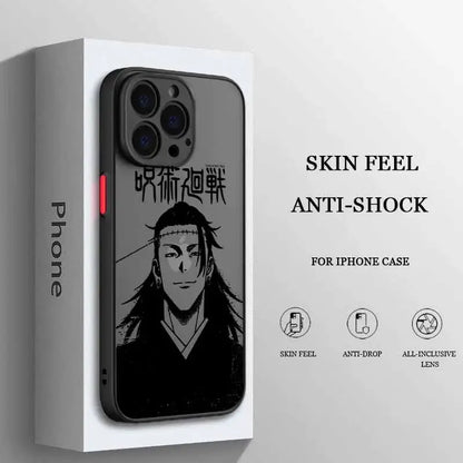 Black frosted translucent jujutsu kaisen gojo satoru phone case with anime character and japanese text for iphone back side