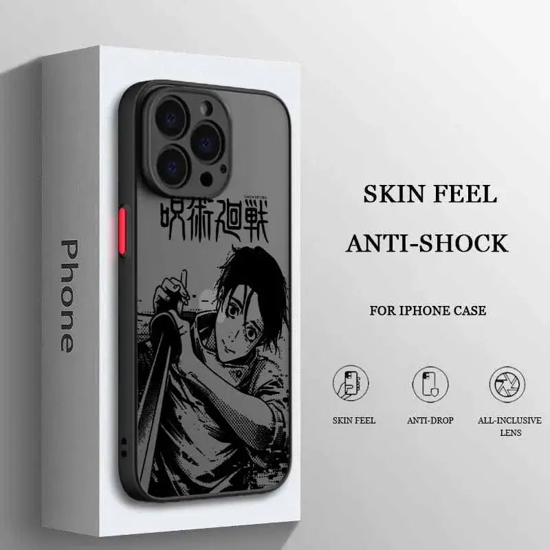Black and white jujutsu kaisen frosted translucent phone case featuring bold ink-style gojo satoru artwork on back