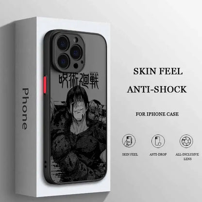 Black and white jujutsu kaisen frosted translucent phone case featuring gojo satoru character with bold japanese text