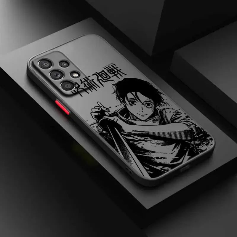 Gray frosted translucent jujutsu kaisen phone case featuring black and white anime illustration of gojo satoru holding a sword