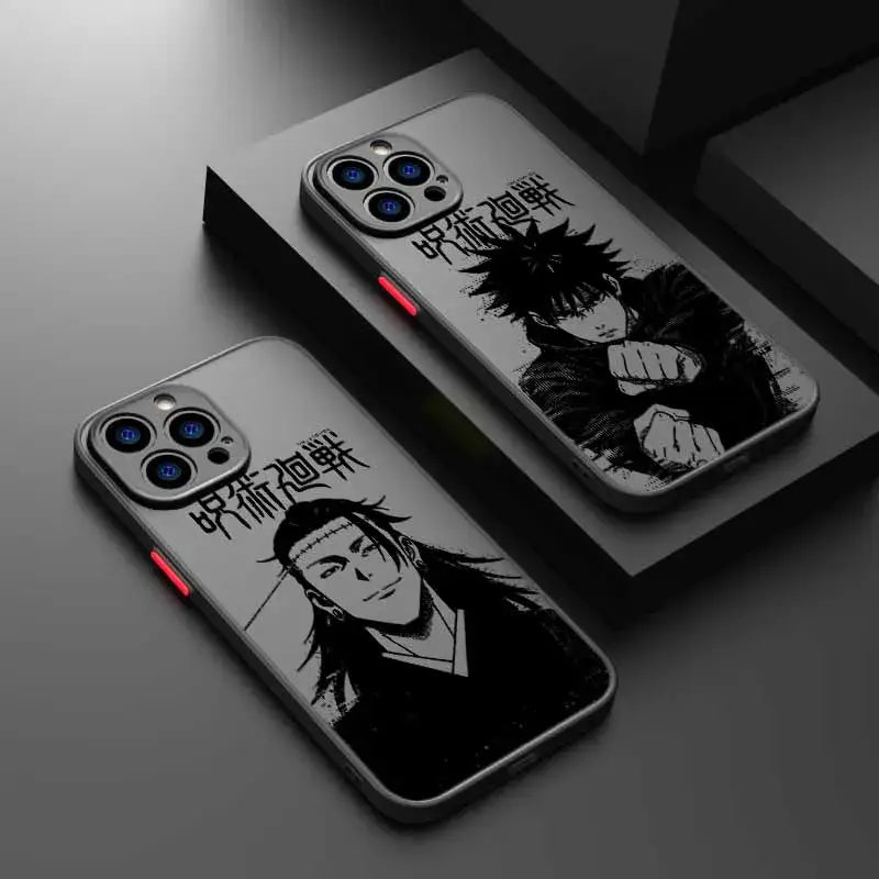 Two frosted translucent silver jujutsu kaisen phone cases with black and white anime designs and stylized japanese text