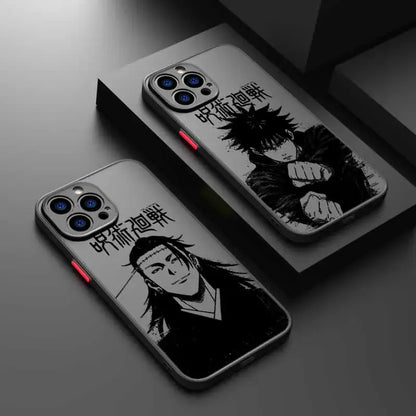 Two frosted translucent silver jujutsu kaisen phone cases with black and white anime designs and stylized japanese text