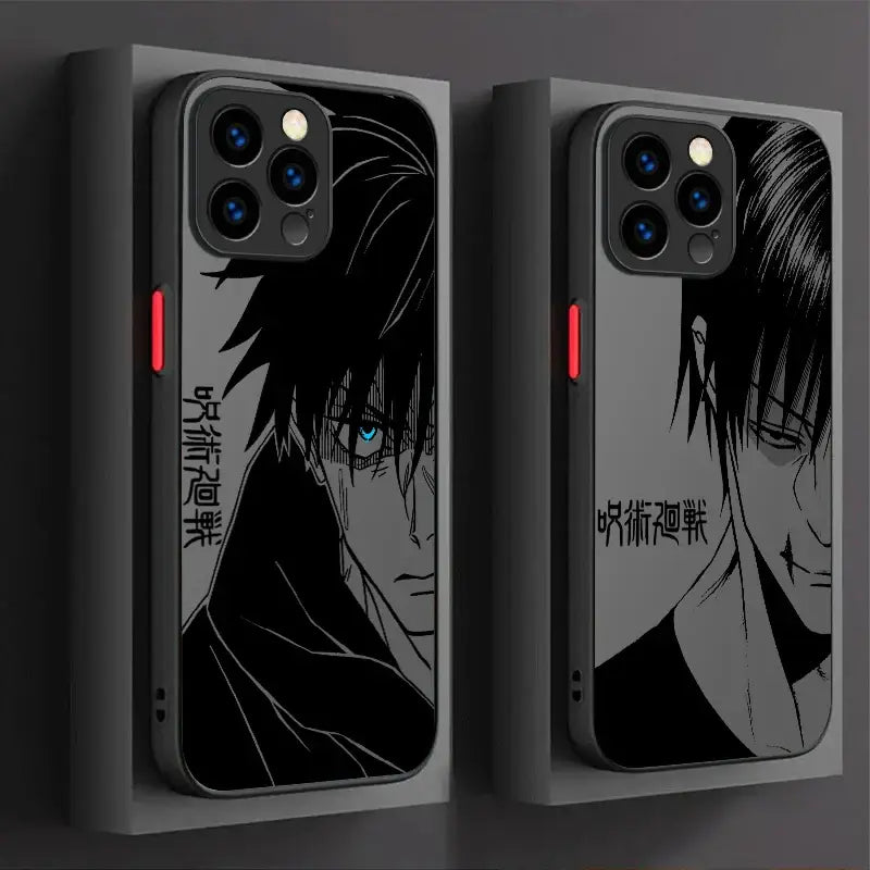 Black and gray matte back phone case featuring gojo satoru with blue eye detail for practical protection