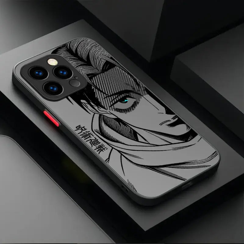 Black and white gojo satoru anime phone case back side with matte finish and subtle gray gradient for practical protection