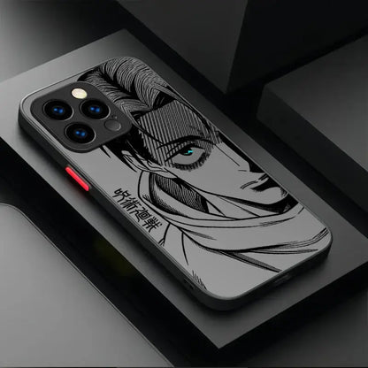 Black and white gojo satoru anime phone case back side with matte finish and subtle gray gradient for practical protection