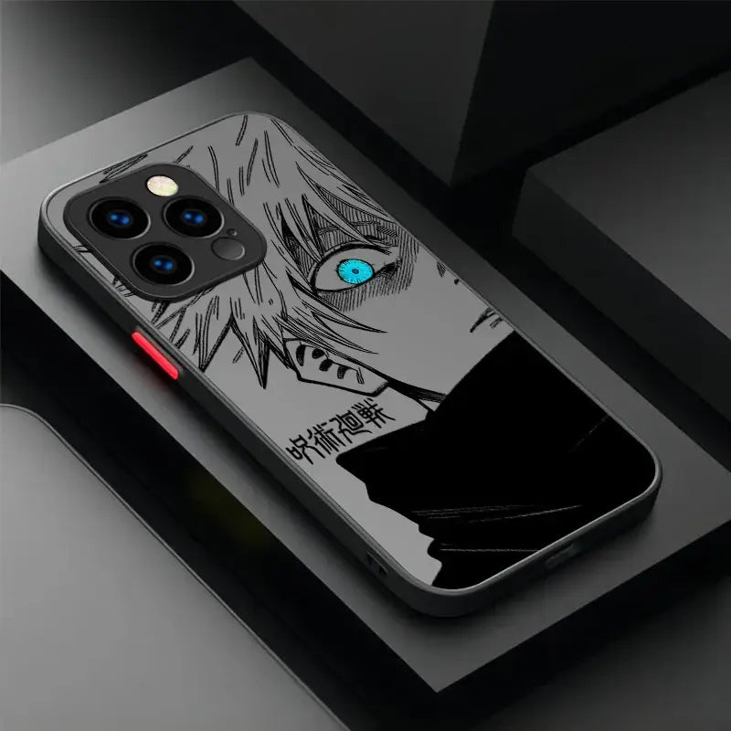 Black and gray matte back cover phone case with detailed gojo satoru anime illustration and practical protection