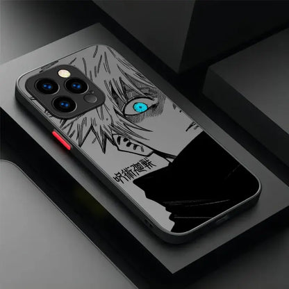 Black and gray matte back cover phone case with detailed gojo satoru anime illustration and practical protection