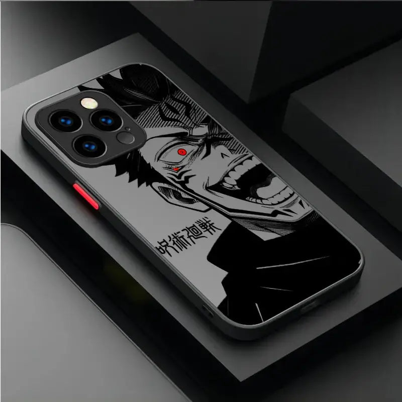 Black and white jujutsu kaisen gojo satoru phone case with red eyes on glossy back cover for practical protection