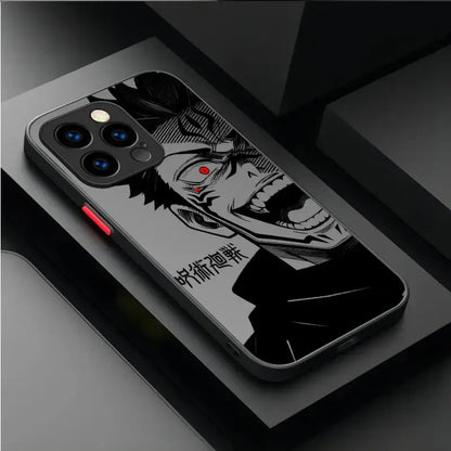 Black and white jujutsu kaisen gojo satoru phone case with red eyes on glossy back cover for practical protection