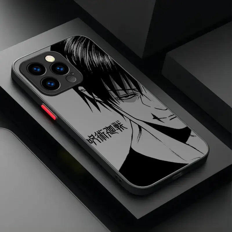 Black and white jujutsu kaisen gojo satoru phone case with matte back cover featuring stylized character and japanese text