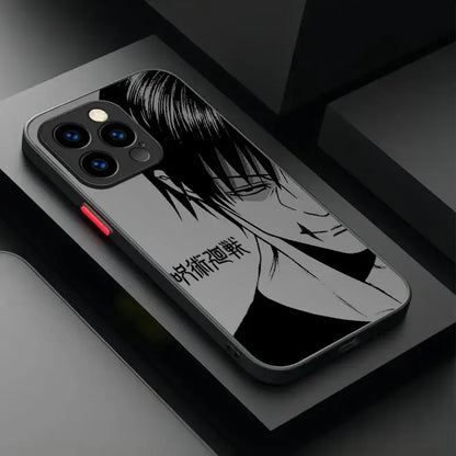 Black and white jujutsu kaisen gojo satoru phone case with matte back cover featuring stylized character and japanese text