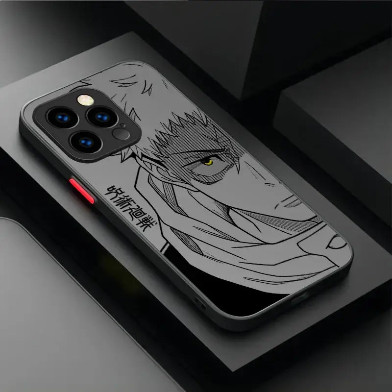 Black matte phone case featuring gojo satoru line-art with glowing yellow eye and japanese text for practical protection