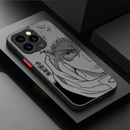 Black matte phone case featuring gojo satoru line-art with glowing yellow eye and japanese text for practical protection