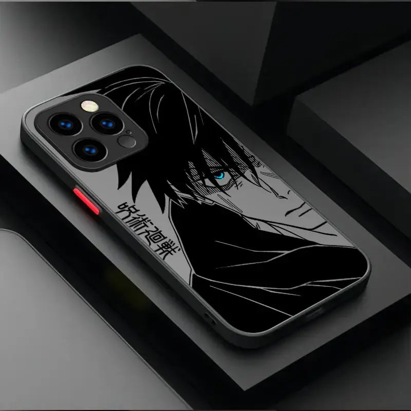 Black and white matte back phone case for iphone 13 pro featuring gojo satoru with glowing blue eyes for practical protection
