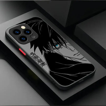 Black and white matte back phone case for iphone 13 pro featuring gojo satoru with glowing blue eyes for practical protection
