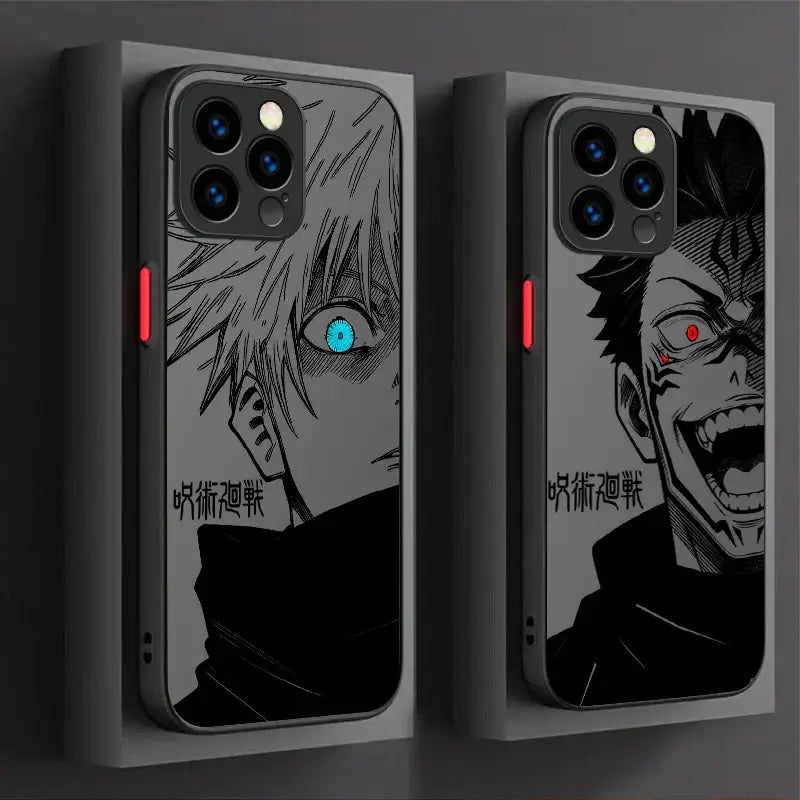 Two black matte phone cases featuring gojo satoru anime designs with glowing eyes in blue and red for practical protection