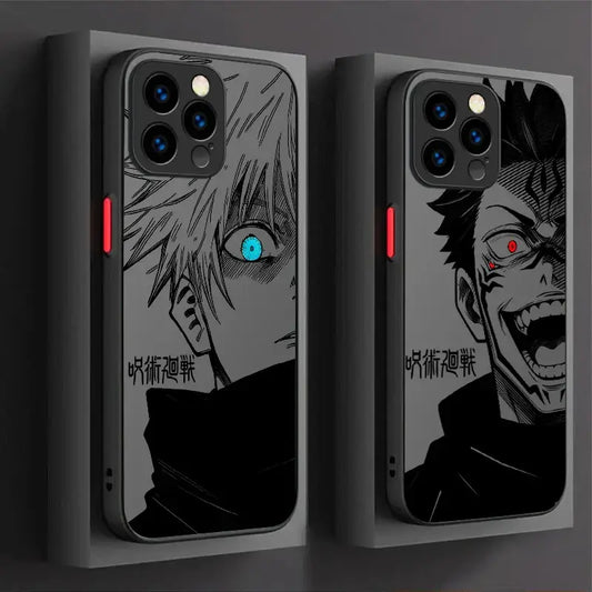 Two black matte phone cases featuring gojo satoru anime designs with glowing eyes in blue and red for practical protection