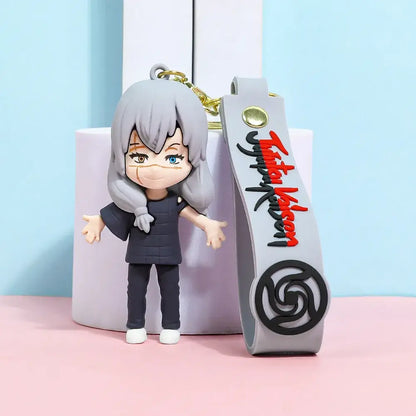 Gojo satoru plush keychain with silver hair black outfit and white shoes from jujutsu kaisen backpack charm