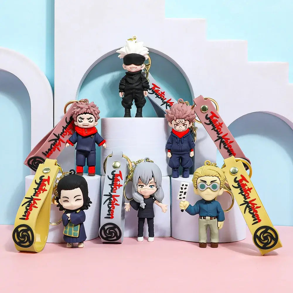 Gojo satoru plush keychain with black and white anime character design, red scarf, and gold jujutsu kaisen backpack ring