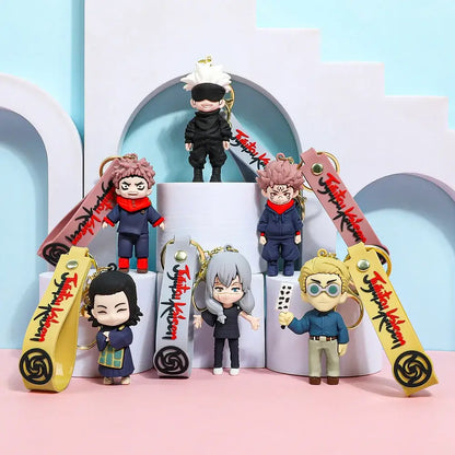 Gojo satoru plush keychain with black and white anime character design, red scarf, and gold jujutsu kaisen backpack ring