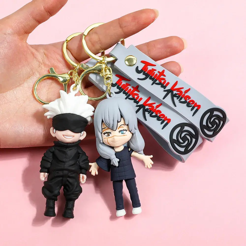 Black and white jujutsu kaisen gojo satoru plush keychains with gold metal rings for backpack charm accessory