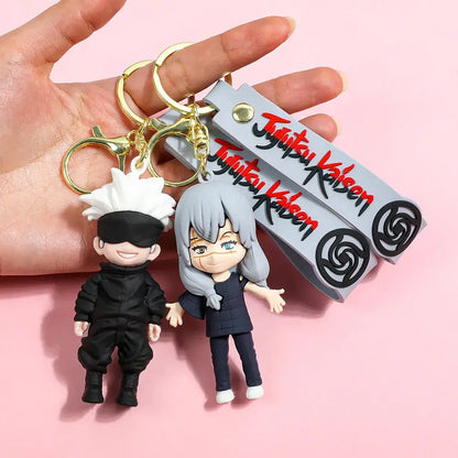 Black and white jujutsu kaisen gojo satoru plush keychains with gold metal rings for backpack charm accessory