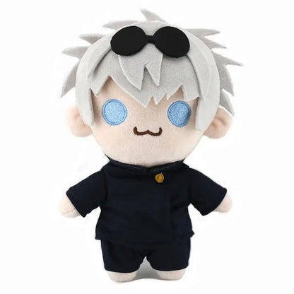 A jujutsu kaisen gojo satoru plush with spiky silver hair, blue embroidered eyes, black sunglasses, and navy-blue outfit