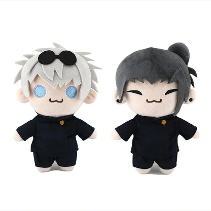 Two jujutsu kaisen chibi plush dolls featuring gojo satoru with white hair and black outfit for soft cosplay collectibles