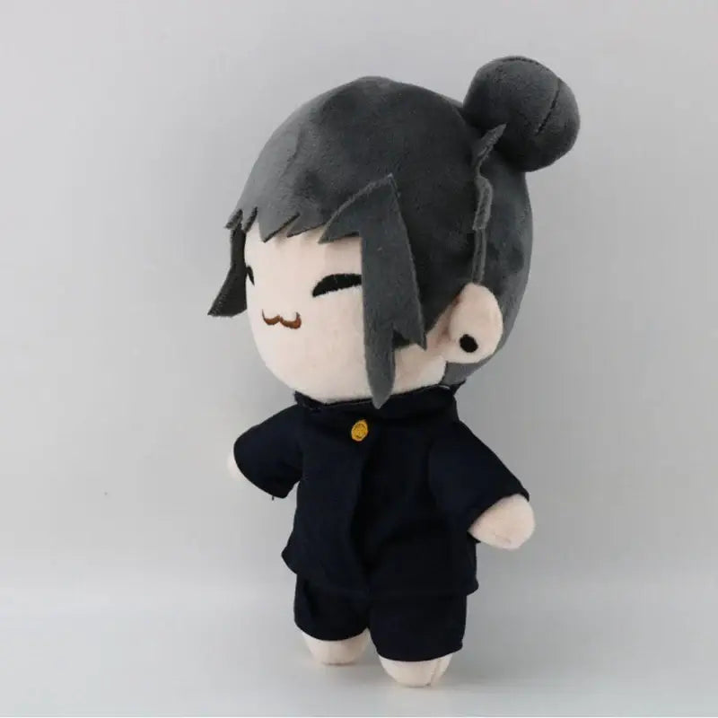 Jujutsu kaisen gojo satoru plush featuring black top knot hair in dark navy uniform jacket and shorts soft cosplay plush