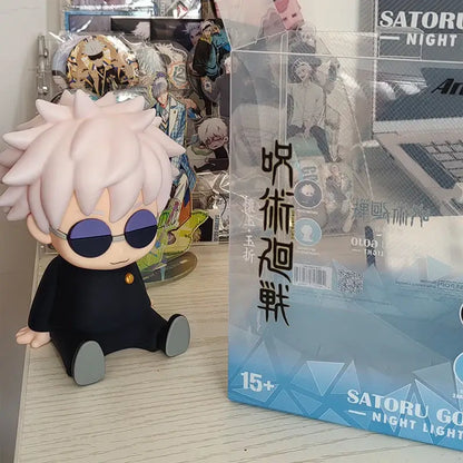 Pink-haired chibi satoru gojo silicone night light in black clothing and dark sunglasses led lamp from jujutsu kaisen