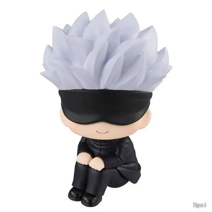 Chibi-style jujutsu kaisen gojo satoru sitting doll 9cm pvc figurine with spiky white hair and movable sitting pose
