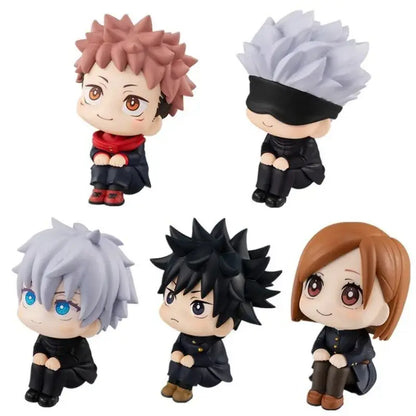 Chibi-style jujutsu kaisen gojo satoru sitting doll pvc figurine with detailed painted facial expressions and colorful spiky hair