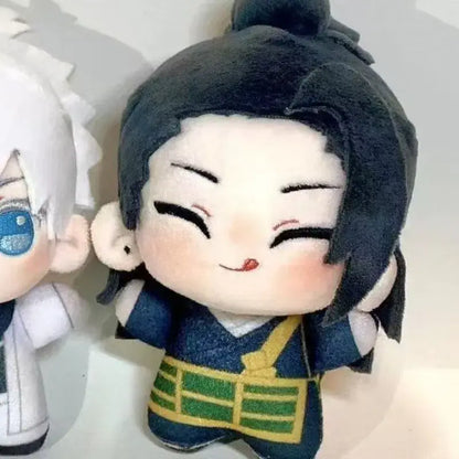 Cute black-haired suguru geto plush with closed eyes wearing navy blue jujutsu kaisen gojo satoru outfit 10cm