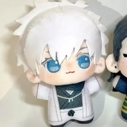 White plush doll with spiky hair blue glitter eyes and white robe with dark green accents from jujutsu kaisen gojo satoru plush set