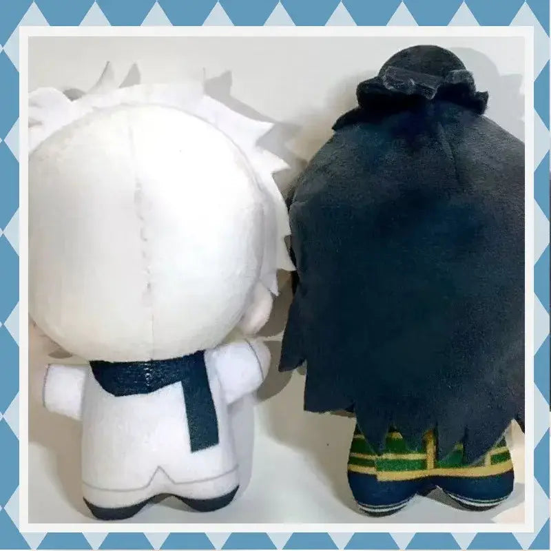 Jujutsu kaisen gojo satoru and suguru geto plush set featuring white and black spiky hair characters with scarf and striped pants