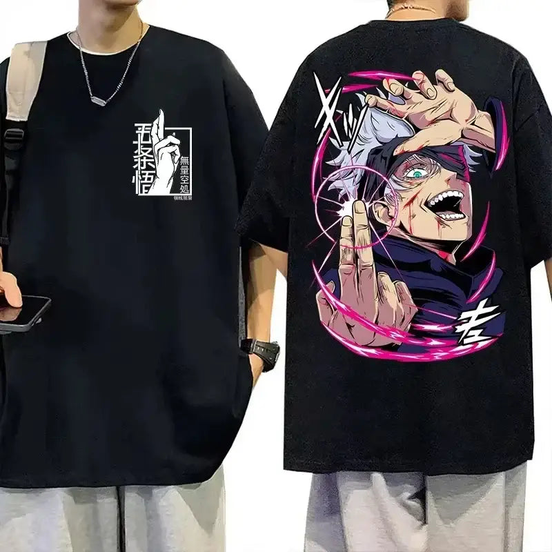 Black cotton short-sleeved t-shirt with vibrant gojo satoru anime graphic and japanese text from jujutsu kaisen back view