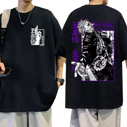 Black cotton short-sleeved jujutsu kaisen t-shirt featuring gojo satoru graphic print and japanese text front and back