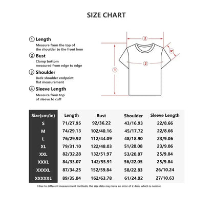 Size chart for jujutsu kaisen gojo satoru t-shirt showing measurements in cm and inches from s to xxxxxl