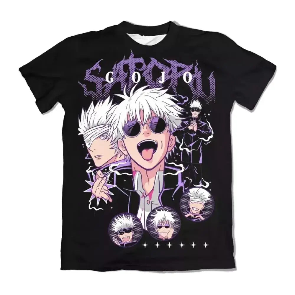 Black short-sleeved pure cotton t-shirt featuring vibrant purple and white gojo satoru jujutsu kaisen gojo graphic